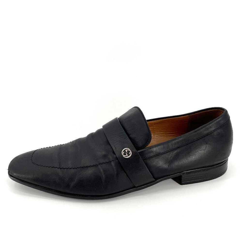 GUCCI Black Leather Interlocking G 256600 Slip On Formal Loafer Classic 9 Shoes